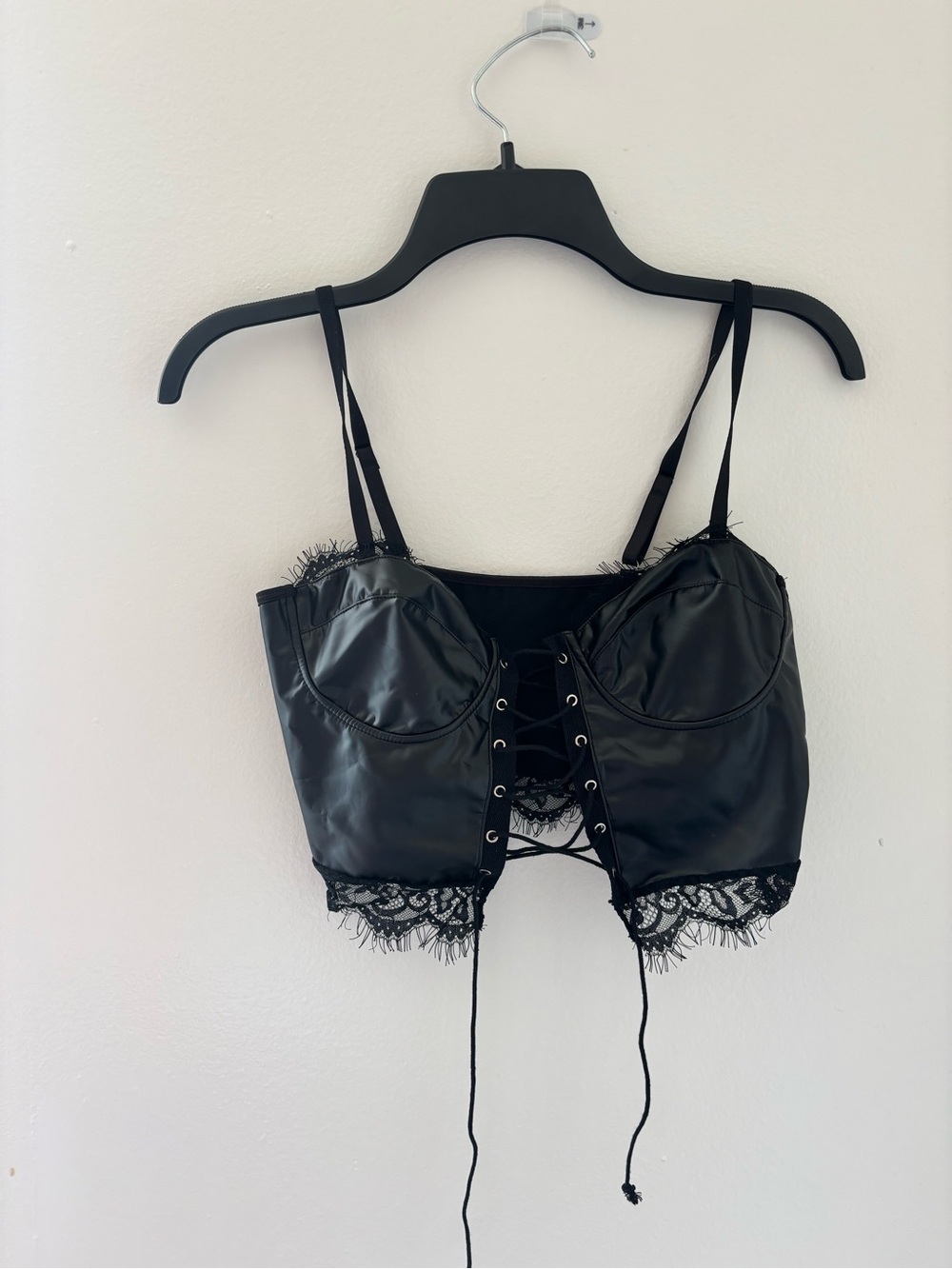 Black Faux Leather Lace-Trim Bustier Crop Top